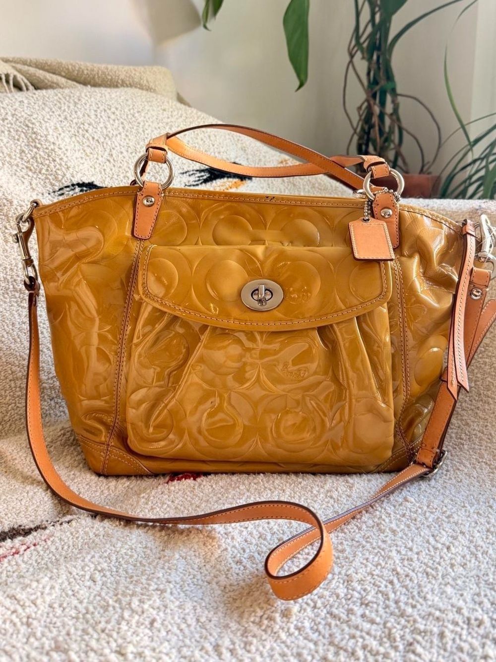 2000s Coach CC Monogram Patent Leather Satchel in Mustard Large Shoulder Bag